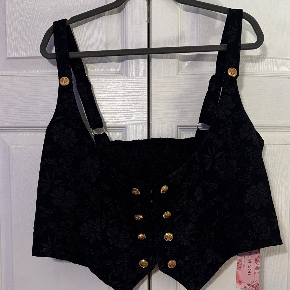 SHEIN Black Floral Crop Top with Gold Buttons